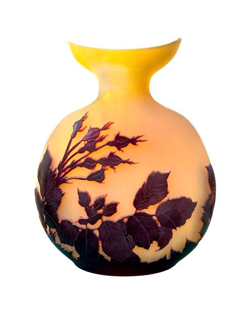 Emile Gallé Vase Gourde  Art Nouveau "Roses Trémières"