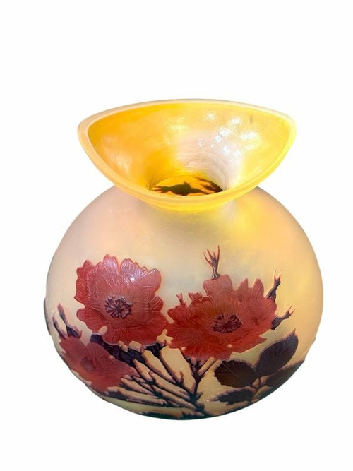 Emile Gallé Vase Gourde  Art Nouveau "Roses Trémières"