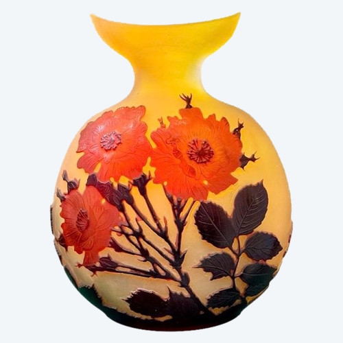 Emile Gallé Vase Gourde  Art Nouveau "Roses Trémières"