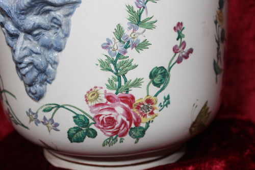 Gien earthenware cachepot with Marseille decoration with flowers and insects, 19th century