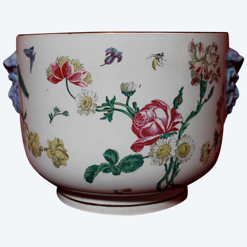 Gien earthenware cachepot with Marseille decoration with flowers and insects, 19th century