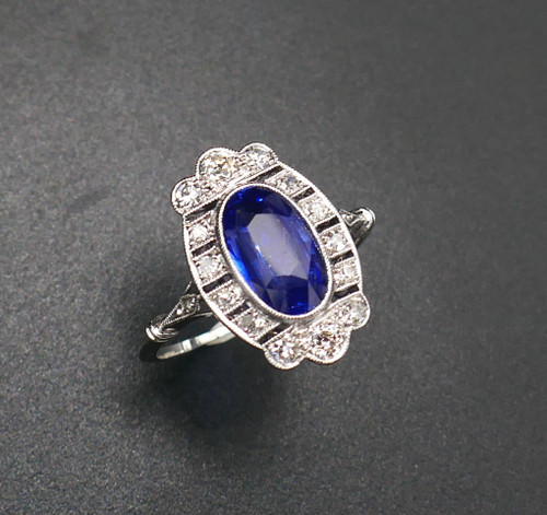 Art Deco Ring Natural Unheated Sapphire and Diamonds, Certificate.