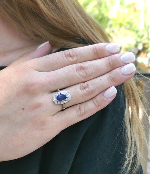 Art Deco Ring Natural Unheated Sapphire and Diamonds, Certificate.