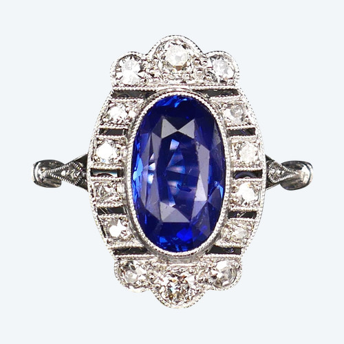 Art Deco Ring Natural Unheated Sapphire and Diamonds, Certificate.