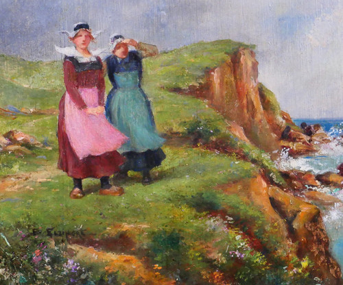 Emile ELZINGRE 1859-1933 Bretagna, donne in riva al mare, pittura, 1910-20 circa