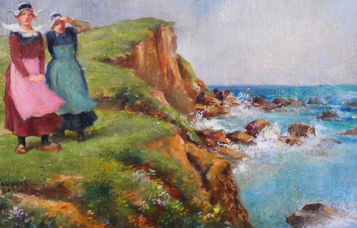 Emile ELZINGRE 1859-1933 Bretagna, donne in riva al mare, pittura, 1910-20 circa