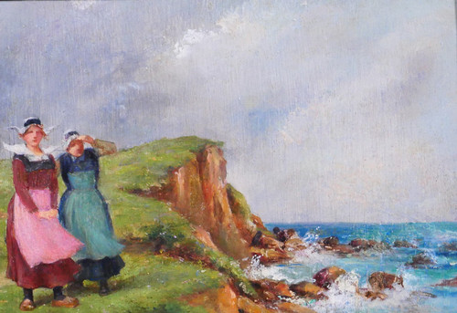 Emile ELZINGRE 1859-1933 Bretagna, donne in riva al mare, pittura, 1910-20 circa