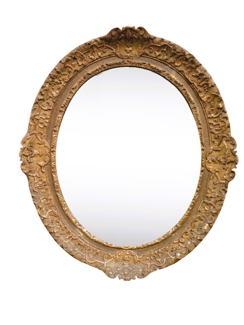 Large Oval Mirror in Carved and Gilded Oak, Louis XVI Period, 18th Century