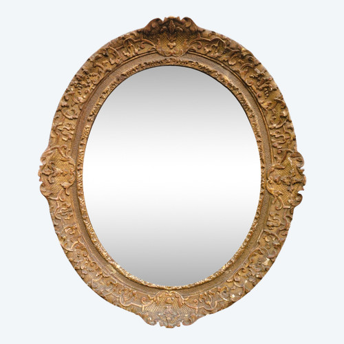 Large Oval Mirror in Carved and Gilded Oak, Louis XVI Period, 18th Century