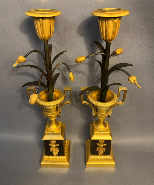 Pair of Empire candlesticks "Medici vases with bouquets of tulips" bronze candlesticks