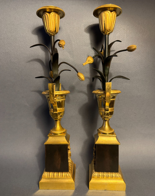 Pair of Empire candlesticks "Medici vases with bouquets of tulips" bronze candlesticks