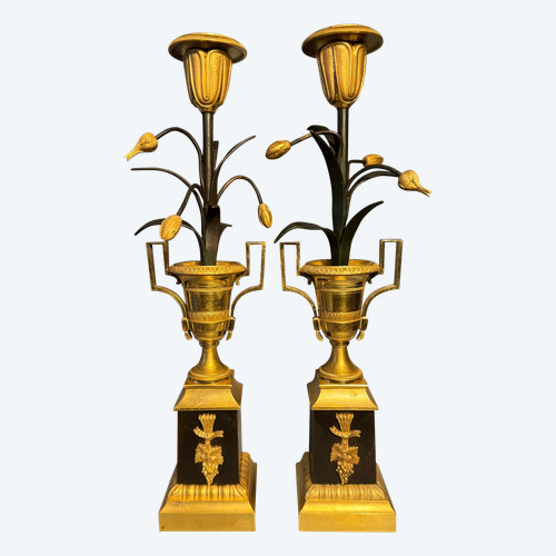 Pair of Empire candlesticks "Medici vases with bouquets of tulips" bronze candlesticks