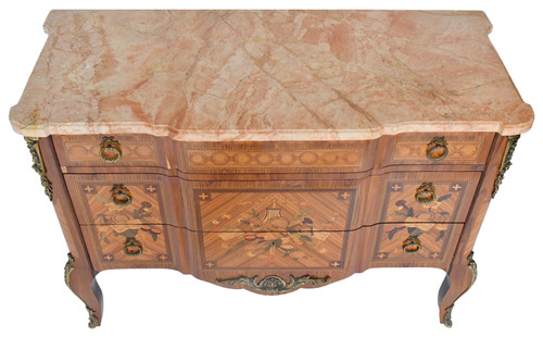 Transition style chest of drawers in marquetry with trophy decoration of musical instruments