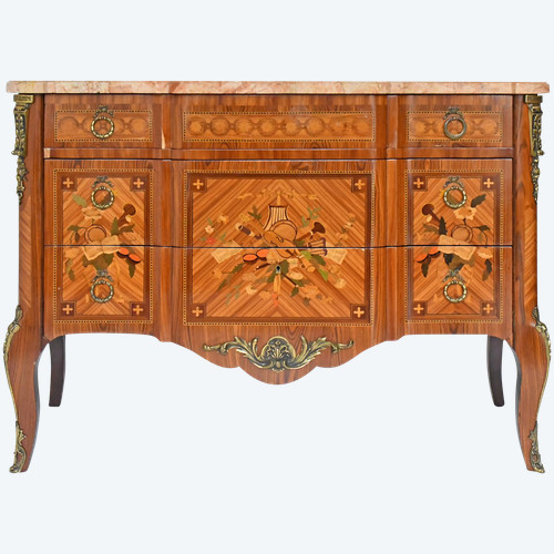 Transition style chest of drawers in marquetry with trophy decoration of musical instruments