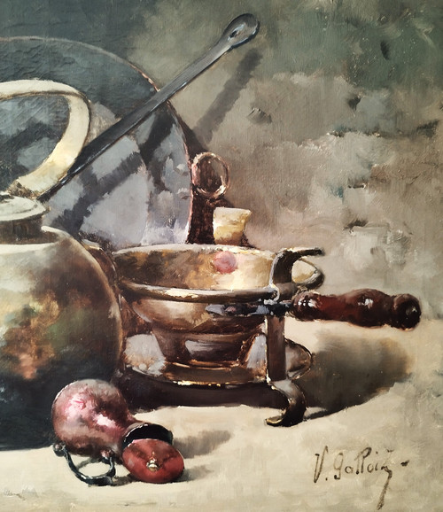 Victor Gallois Oil Painting  Still Life With Copper 19th Century