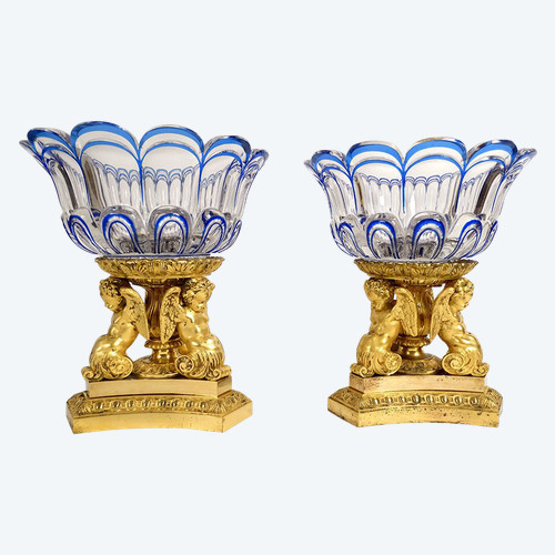 Pair of centerpiece cups signed Thomire gilded bronze cherubs crystal 19th century