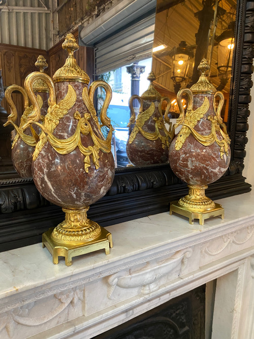 Pair of Louis XVI style cassolettes, Napoleon III period, in marble and gilded bronze