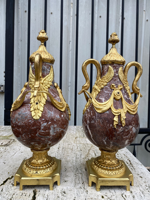 Pair of Louis XVI style cassolettes, Napoleon III period, in marble and gilded bronze