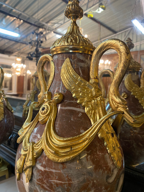 Pair of Louis XVI style cassolettes, Napoleon III period, in marble and gilded bronze