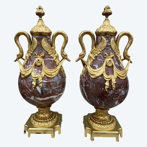 Pair of Louis XVI style cassolettes, Napoleon III period, in marble and gilded bronze