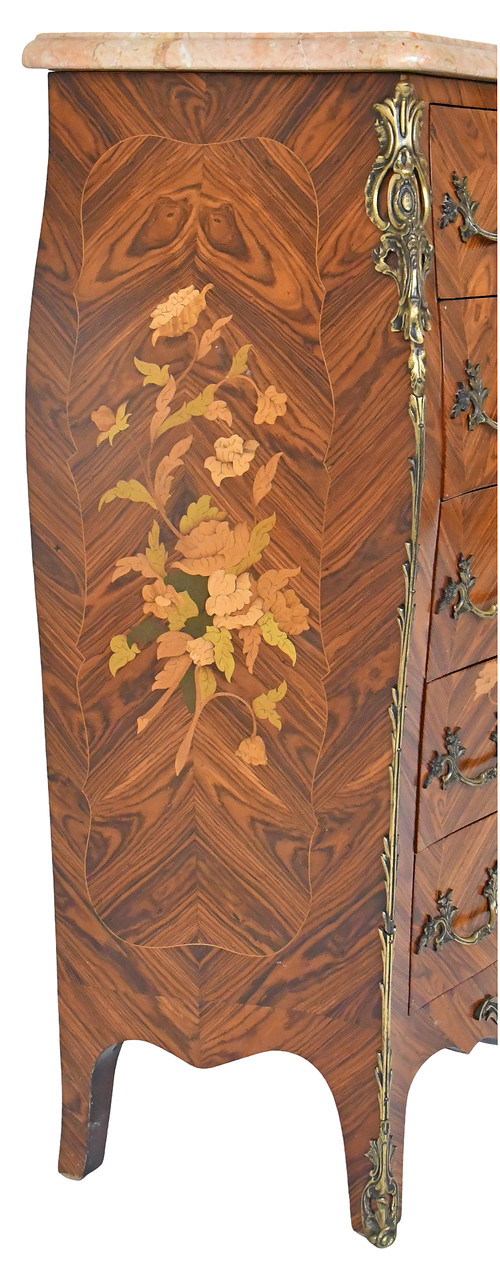 Chiffonnier de style Louis XV en marqueterie de fleurs