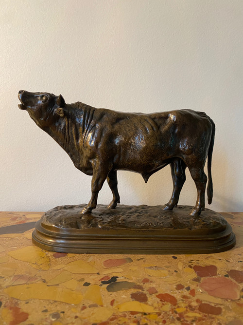 Taureau en bronze à patine brune XIXème signé Rosa Bonheur (1822-1899), cachet fondeur Peyrol 