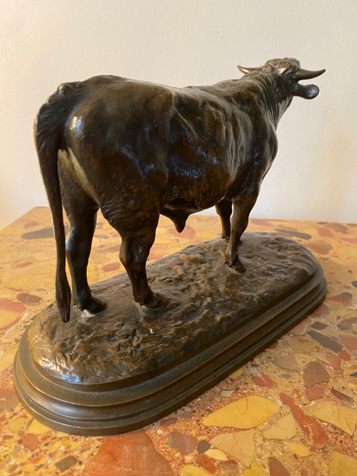 Taureau en bronze à patine brune XIXème signé Rosa Bonheur (1822-1899), cachet fondeur Peyrol 