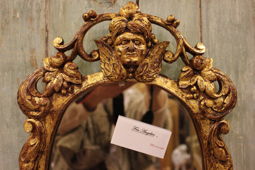 30 X 44 Cm Miroir Ancien Dans Le Goût Gothique Italien Bois Sculpté Et Doré, Glace Mercure