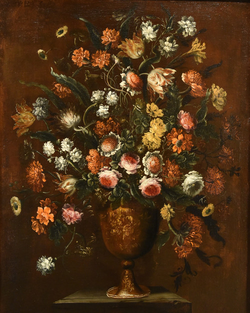 Andrea Scacciati (florence 1642-1710)  Composition Of Flowers Within Embossed Vase  (1 Of 3)