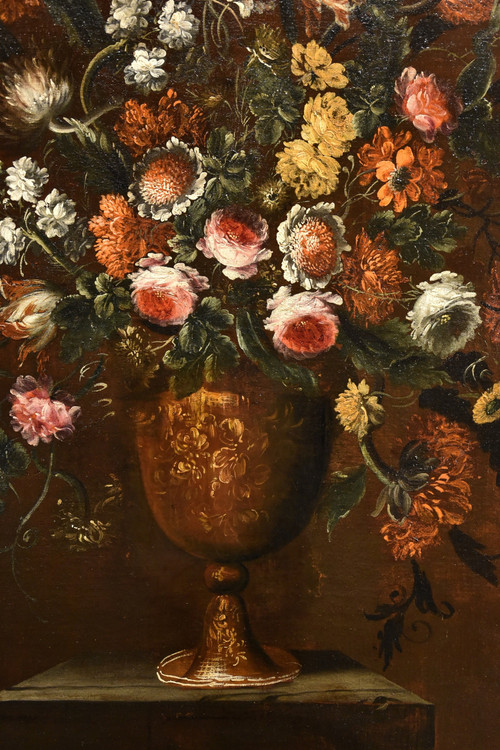 Andrea Scacciati (florence 1642-1710)  Composition Of Flowers Within Embossed Vase  (1 Of 3)