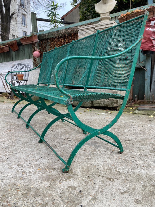 Large Banc De Jardin XIXème En Fer Forgé Et Maille Métallique Tressée