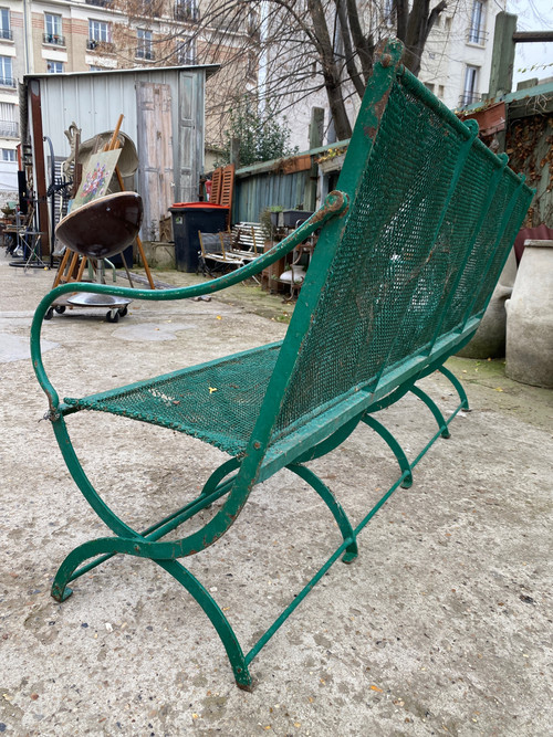 Large Banc De Jardin XIXème En Fer Forgé Et Maille Métallique Tressée