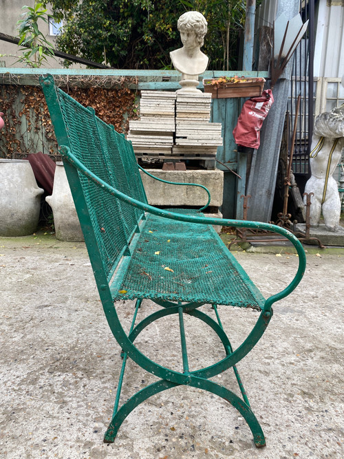 Large Banc De Jardin XIXème En Fer Forgé Et Maille Métallique Tressée