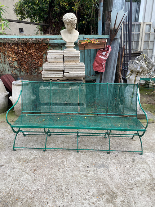 Large Banc De Jardin XIXème En Fer Forgé Et Maille Métallique Tressée