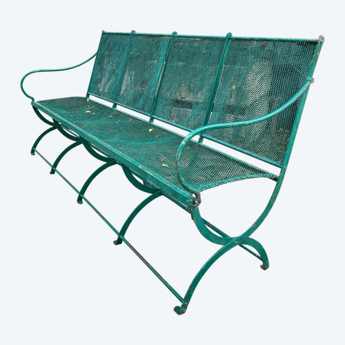 Large Banc De Jardin XIXème En Fer Forgé Et Maille Métallique Tressée