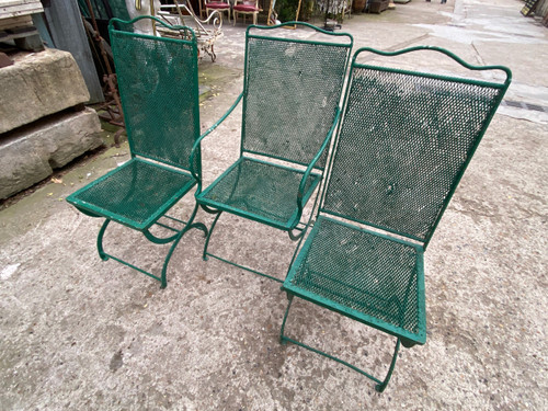 1 Fauteuil Et 2 Chaises De Jardin XIXème , En Fer Forgé, Assises Et Dossiers En Fer Plaités