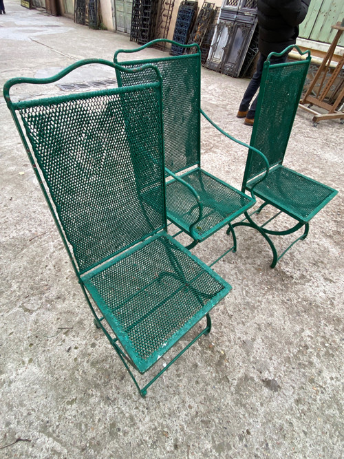 1 Fauteuil Et 2 Chaises De Jardin XIXème , En Fer Forgé, Assises Et Dossiers En Fer Plaités