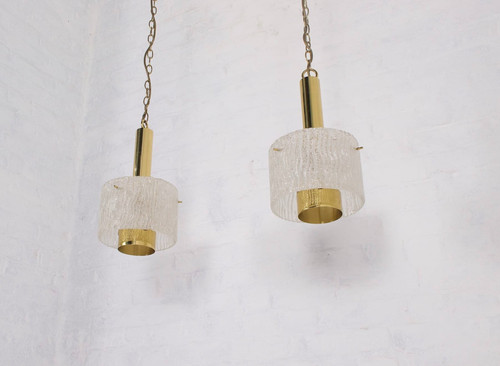 Hanging lamps in brass and Murano Ice Glass