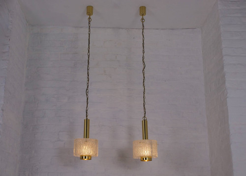 Hanging lamps in brass and Murano Ice Glass