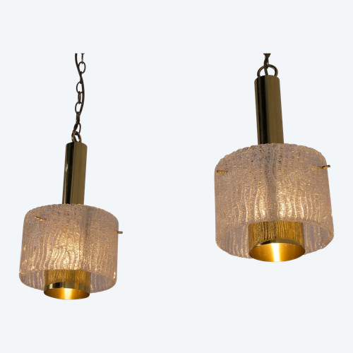 Hanging lamps in brass and Murano Ice Glass