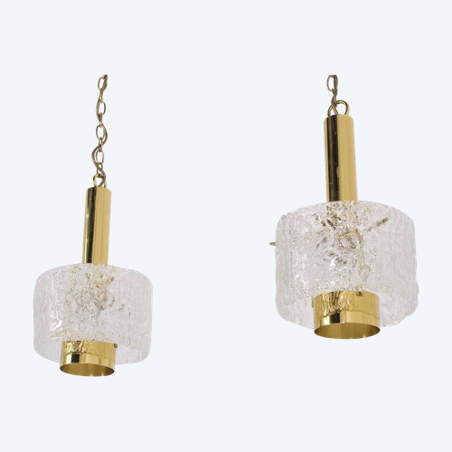 Hanging lamps in brass and Murano Ice Glass