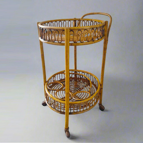 1960 Splendido carrello bar in bambù e rattan di Franco Albini. Realizzato in Italia