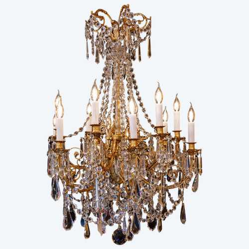 Louis XVI Style Chandelier in the Shape of a Rod in Chiseled Gilded Bronze and Cut Crystal Signed Po