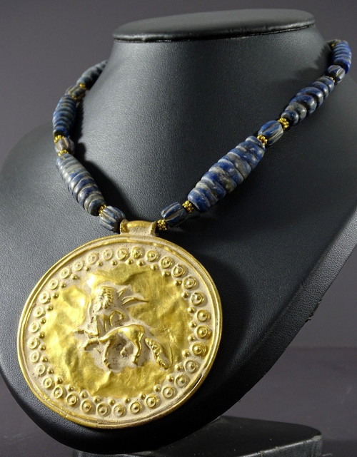 Afghanistan, Bactrian Civilization Style, Glass Beads and Gilded Bronze Medallion Necklace.