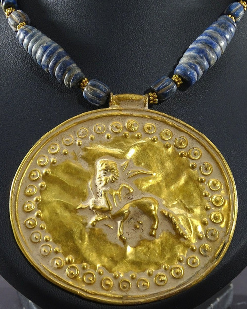 Afghanistan, Bactrian Civilization Style, Glass Beads and Gilded Bronze Medallion Necklace.