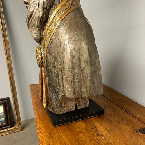 Antique large bust sculpture St. Nicholas 17th century silver and mecha gilding . Meas 102 x 53