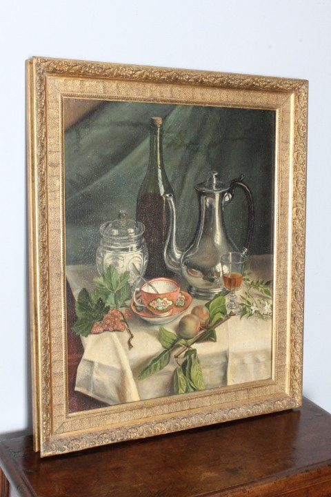 Antique oil painting on canvas Still Life 19th century signed DROUET . in gilded frame meas 68 x 58