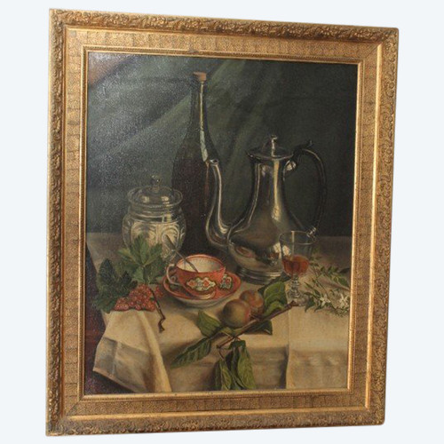 Antique oil painting on canvas Still Life 19th century signed DROUET . in gilded frame meas 68 x 58