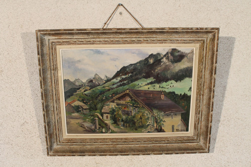 Paysage de Vailly près de Thonon-les-Bains Oil on canvas 20th century signed by Henri Huyard