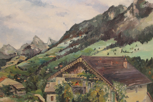 Paysage de Vailly près de Thonon-les-Bains Oil on canvas 20th century signed by Henri Huyard